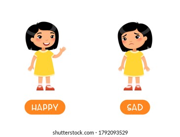 Opposites concept, HAPPY and SAD. Childish word card with opposites vector template. Flash card for foreign language with little child. Smiling and unhappy Asian girl flat illustration with typography