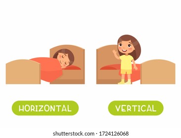 Concepto opuesto, HORIZONTAL y VERTICAL. Tarjeta de Word para el aprendizaje de idiomas. La niña está acostada, el niño está de pie. Flashcard con antónimos para la plantilla vectorial para niños.Ilustración plana