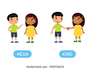 Opposites concept, MEAN and KIND. Word card for English language learning, flashcard with antonyms. Greedy Asian boy hides an apple from an Indian little  girl. 