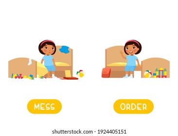 Opposites Concept, MESS And ORDER. Childish Word Card For English Learning Vector Template. Flashcard With Antonyms. Little Dark Skin Girl In Tidy And Messy Bedroom