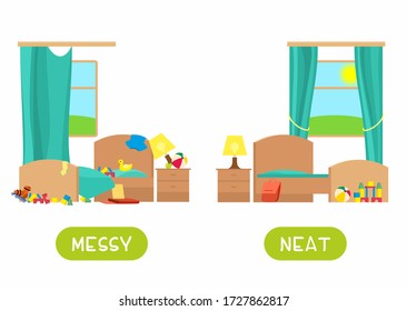 Opposites concept, messy and neat. Childish word card for English learning vector template. Flashcard with antonyms.  Chaos and order bedroom flat illustration with typography