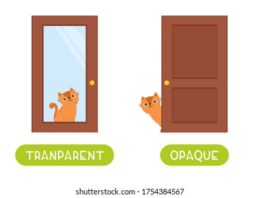 Opposites concept, OPAQUE and TRANSPARENT. Word card for language learning. CUte cat sits behind a glass door and behind a wooden door.  Flashcard with antonyms for children vector template. Flat illu
