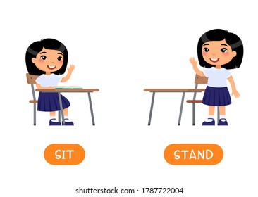 Concepto opuesto, STAND y SIT. Tarjeta de texto educativa con plantilla vectorial de niño escolar. Tarjeta flash para idioma extranjero con estudiante escolar. Escolar de niñas asiáticas ilustraciones planas con tipografía