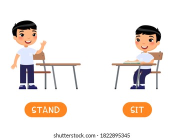 Opposites concept, STAND and SIT. Educational word card with Little Asian schoolboy. Flashcard for English language with schooler. 