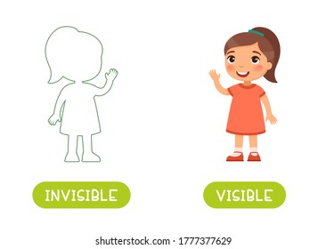 Opposites concept, VISIBLE and INVISIBLE. Word card for language learning. Little girl waves his hand, invisible silhouette of a child. Flashcard with antonyms for children vector template. 