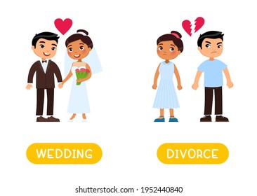 Opposites concept, WEDDING and DIVORCE. Word card for English language learning. Flashcard with antonyms for children.