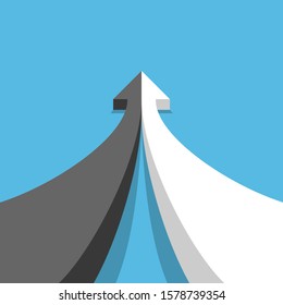Opposites, development, partnership, and merger concept. Arrow of two black and white parts joining on blue. Perspective view. Flat design. Vector illustration, no transparency, no gradients