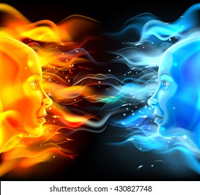Opposites faces concept of two faces with fire or flames one hot orange and one cold blue. Could be a concept for the sun and moon, hot and cold, summer and winter, passion and logic or similar. svg