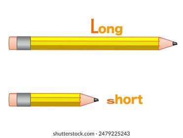 Opposites, long short. Pencil, yellow, orange pen. English, international words lesson, School worksheet kids adjectives. Lifetime, age, school equipment. Language education. Illustration vector