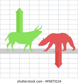 Opposition between bulls and bears on the financial market, increasing and decreasing prices concept, 2d vector illustration on grid background, eps 8