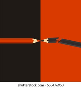 Opposition or competitor concept. Red and black pencil are opposed to each other. Black pencil broken. Vector