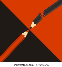 Opposition or competitor concept. Red and black pencil are opposed to each other. Black pencil broken. Vector