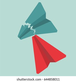 Opposition or competitor concept. Red paper airplane crashed green airplane.