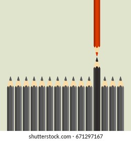 Opposition or competitor concept. Red pencil and black pencils are opposed to each other. Vector