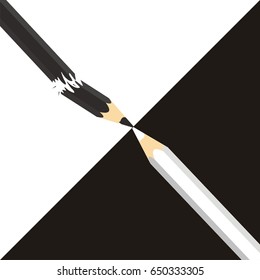 Opposition or competitor concept. White and black pencil are opposed to each other. Black pencil broken. Vector