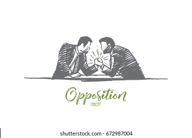 Opposition concept. Hand drawn two men compete. Persons conquering isolated vector illustration.