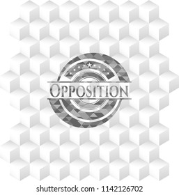 Opposition grey badge with geometric cube white background