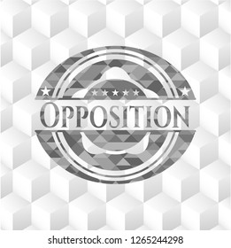 Opposition grey badge with geometric cube white background