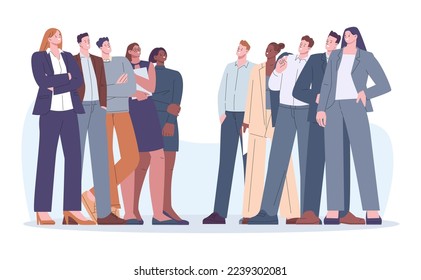 Opposition teams and business rivals. Confrontation in politic, office or work. Girls and men opponents, corporate battle or kicky businessman competition vector scene