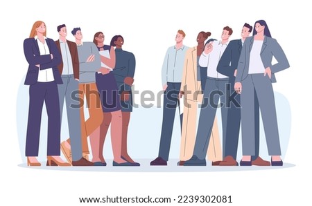Opposition teams and business rivals. Confrontation in politic, office or work. Girls and men opponents, corporate battle or kicky businessman competition vector scene