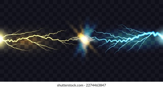 Opposition of yellow and blue lightning. Realistic electric lightning glow. Vector illustration, isolated on transparent background.