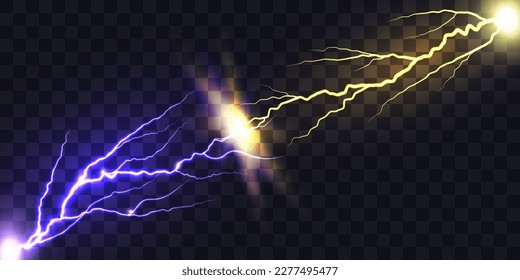 Opposition of yellow and purple lightning. Realistic electric lightning glow. Vector illustration, isolated on transparent background.