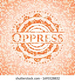 Auf orangefarbenem Fliesenhintergrund. Quadratisches geometrisches Mosaik nahtloses Muster mit Emblem im Inneren.