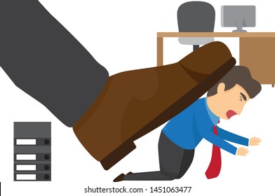 Oppressed by the boss with businessman under a big shoe in office. vector illustration.