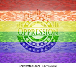 Oppression emblem on mosaic background with the colors of the LGBT flag