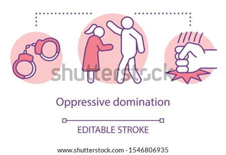 Oppressive domination concept icon. Abusive relationship, family problem idea thin line illustration. Handcuffs, fighting couple and striking fist vector isolated outline drawing. Editable stroke