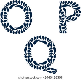 OPQ letters in traditional talavera feathering, traditional vector, letter O, letter P and letter Q, decorative letters