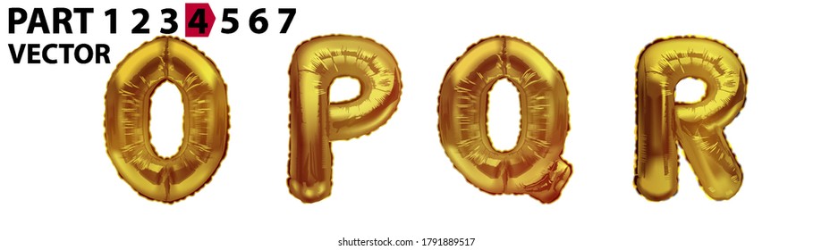 OPQR gold foil letter balloons on white background. Golden alphabet balloon logotype, icon. Metallic Gold OPQR Balloons. Text for children's reading, vector eps