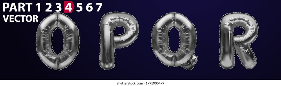 OPQR Silver Foil Letter Balloons On Dark Background. Silver Alphabet Balloon Logotype, Icon. Metallic Silver OPQR Balloons. Text For Children's Reading, Vector Eps