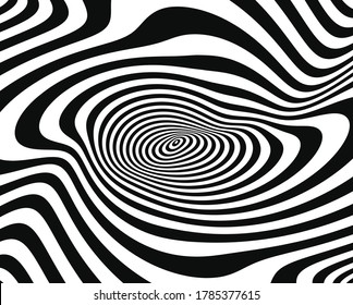 Opt Art style background. Volume of Black and white strips or lines optical horizontal illusion.Abstract pattern. Texture with wavy, billowy lines. Wave design black and white