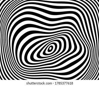 Opt Art style background. Volume of Black and white strips or lines optical horizontal illusion.Abstract pattern. Texture with wavy, billowy lines. Wave design black and white