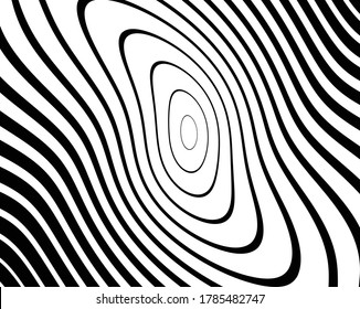  Opt Art style background. Volume of Black and white strips or lines optical horizontal illusion.Abstract pattern. Texture with wavy, billowy lines. Wave design black and white