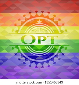 Opt emblem on mosaic background with the colors of the LGBT flag