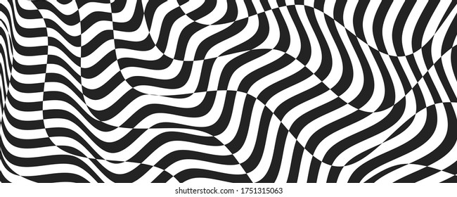Opt illusion background. Optical illusion banner, distorted black and white lines. Vector illustration
