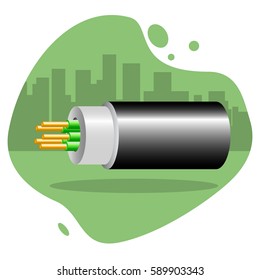 Optic cable on the green color background silhouette of the city. Vector illustration