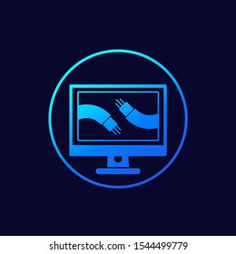 optic cables on computer screen icon, vector