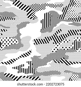 Optic camouflage pattern repeat in black and white