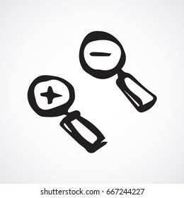 Optic convex lens isolated on white background. Item data concept. Freehand line black ink hand drawn picture emblem sketchy in art retro scribble cartoon style pen on paper. Closeup detail macro view