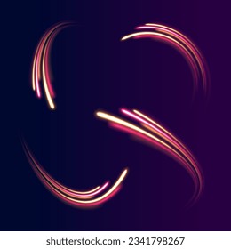 Optic fiber glow and magic bright light in motion curve. Light wave with trail path, color neon glowing flash trace. Wavy glow bright smooth curved lines. Movement of magical glow energy flow vector. 