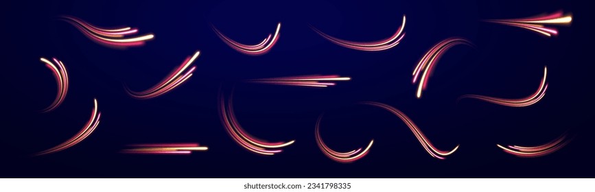 Optic fiber glow and magic bright light in motion curve. Light wave with trail path, color neon glowing flash trace. Wavy glow bright smooth curved lines. Movement of magical glow energy flow vector. 