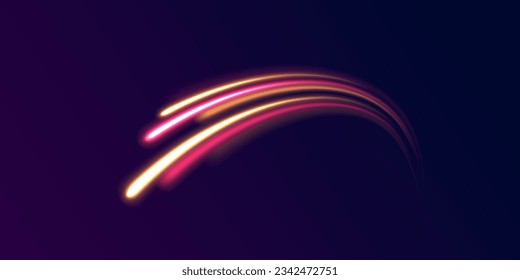 Brillo óptico de fibra y luz mágica brillante en curva de movimiento. Unas líneas curvas luminosas y lisas brillan por sus anchas. Movimiento del vector mágico de flujo de energía de resplandor. Onda clara con senda de sendero, traza de flash de neón color brillante. 