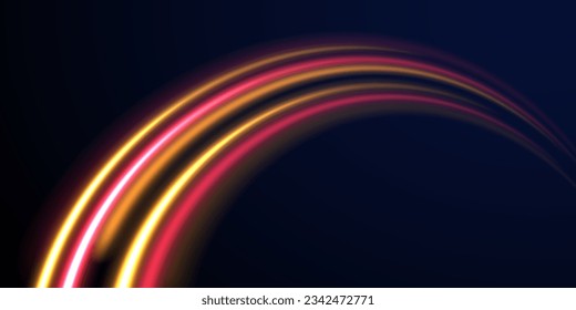 Brillo óptico de fibra y luz mágica brillante en curva de movimiento. Onda clara con senda de sendero, traza de flash de neón color brillante. Unas líneas curvas luminosas y lisas brillan por sus anchas. Movimiento del vector mágico de flujo de energía de resplandor. 