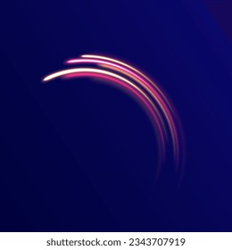 Brillo óptico de fibra y luz mágica brillante en curva de movimiento. Unas líneas curvas luminosas y lisas brillan por sus anchas. Movimiento del vector mágico de flujo de energía de resplandor. Onda clara con senda de sendero, traza de flash de neón color brillante. 