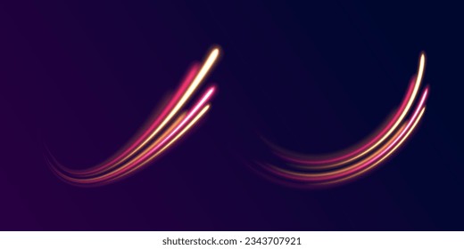 Optic fiber glow and magic bright light in motion curve. Light wave with trail path, color neon glowing flash trace. Wavy glow bright smooth curved lines. Movement of magical glow energy flow vector. 