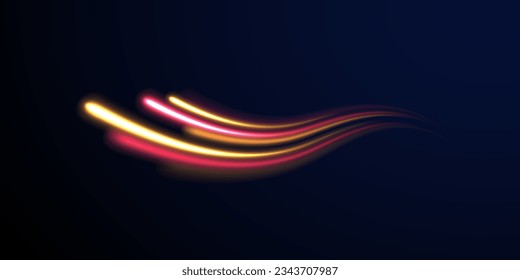 Optic fiber glow and magic bright light in motion curve. Light wave with trail path, color neon glowing flash trace. Wavy glow bright smooth curved lines. Movement of magical glow energy flow vector. 