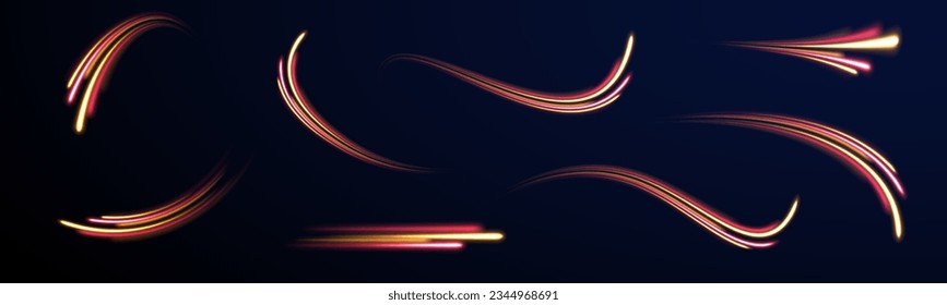 Optic fiber glow and magic bright light in motion curve. Wavy glow bright smooth curved lines. Movement of magical glow energy flow vector. Light wave with trail path, color neon glowing flash trace. 